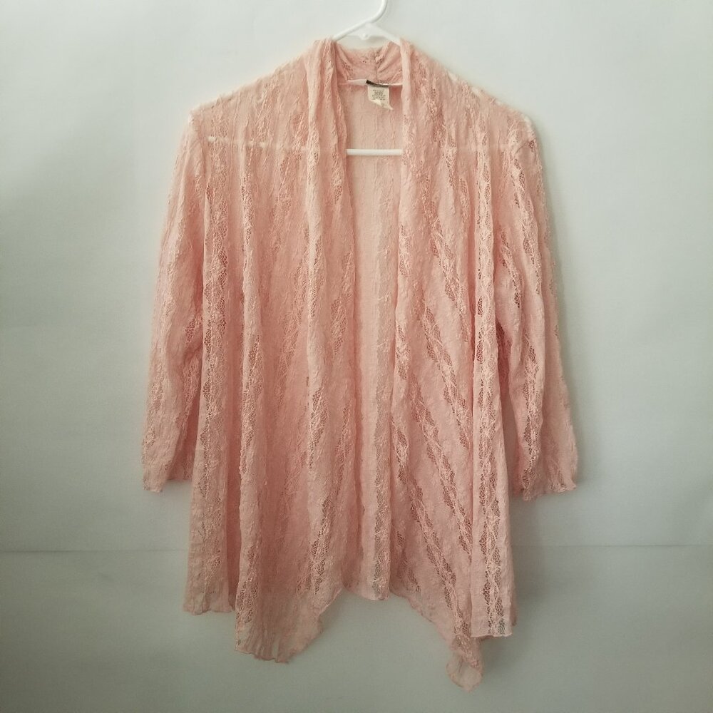 Vtg Keren Hart Women M Peach Lace Knit 3/4 Long Sleeve Lightweight Open Cardigan - Picture 1 of 13
